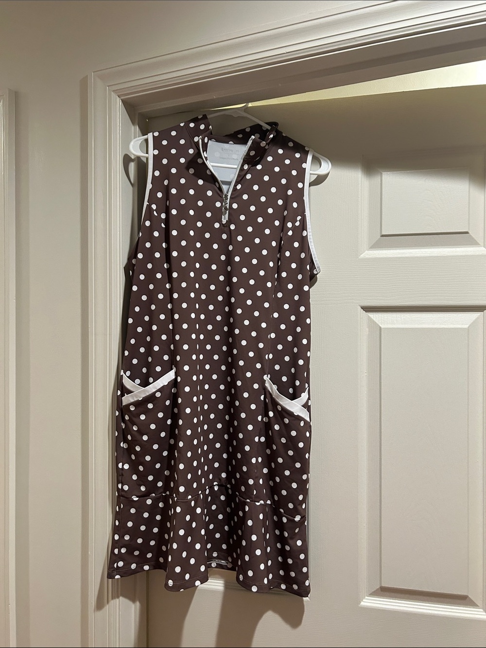 Sleeveless Brown Polka Dot Midi Dress with Zip Neck by Acegolfs front pockets